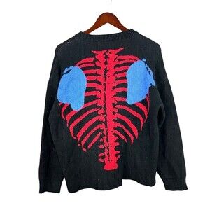 YWFG-JF Mens Size XL Black Red Pullover Sweater Japanese Streetwear Skeleton